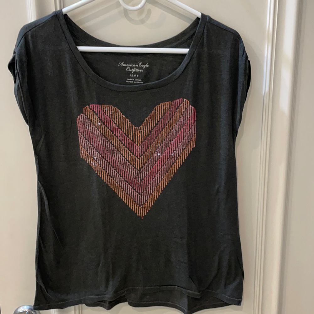 XS AE t shirt with heart front.
